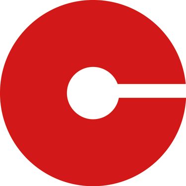 Röd cirkel med en horisontell linje som sträcker sig från en mindre inre vit cirkel till höger.